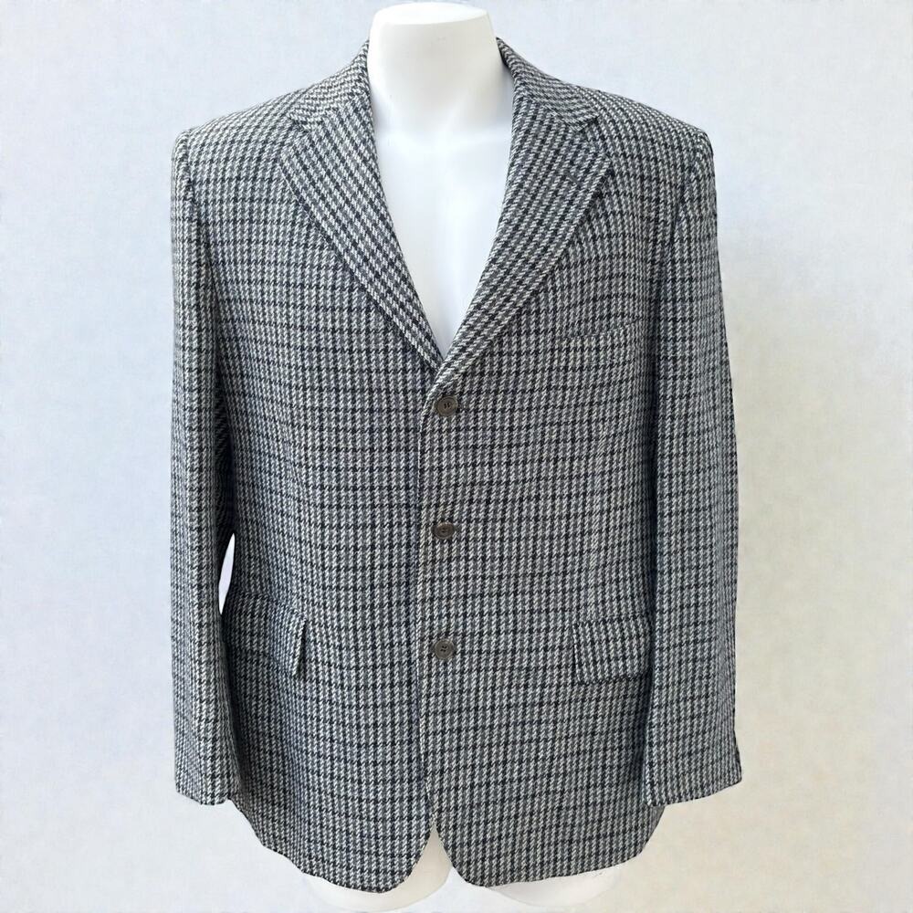 VTG Donegal Mist Sport Coat Jacket 44R‎ Black Gray Houndstooth Handwoven Tweed